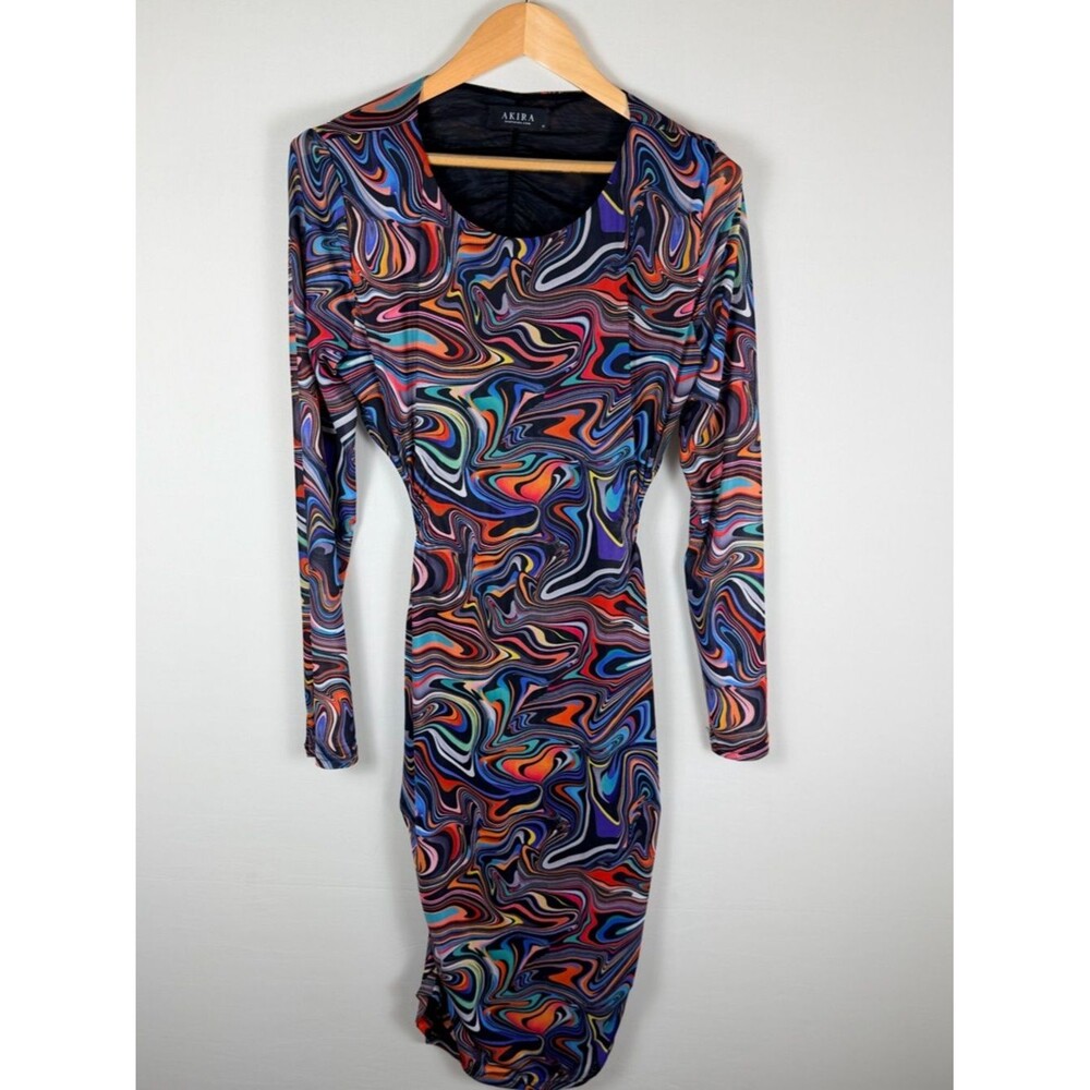 AKIRA 1X Y2K Psychedelic Swirl Mesh Bodycon Open Back Ruched Midi Dress Rave Fit